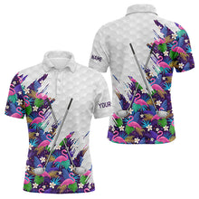 Load image into Gallery viewer, Purple Flamingo tropical pattern custom name white Mens golf polo shirts, team mens golf tops NQS8050