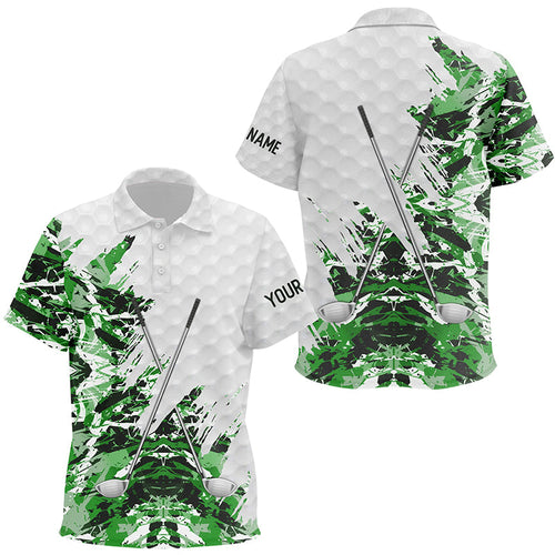 Green camo pattern custom name white Kid golf polos shirt, team golf tops for Kid NQS8052