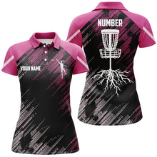 Load image into Gallery viewer, Pink Disc golf basket camo custom name &amp; number Womens polo shirts, ladies disco golf outfit NQS6140