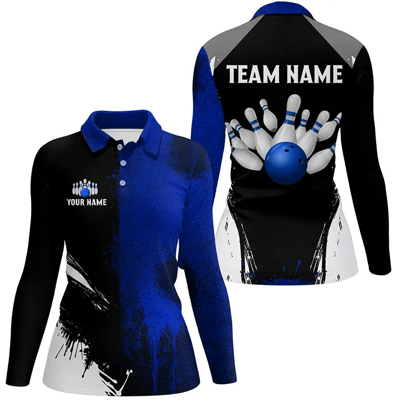 Black and Blue Bowling Polo, Quarter Zip Shirt For Women Custom Bowling Team jersey, gift for bowler NQS8260