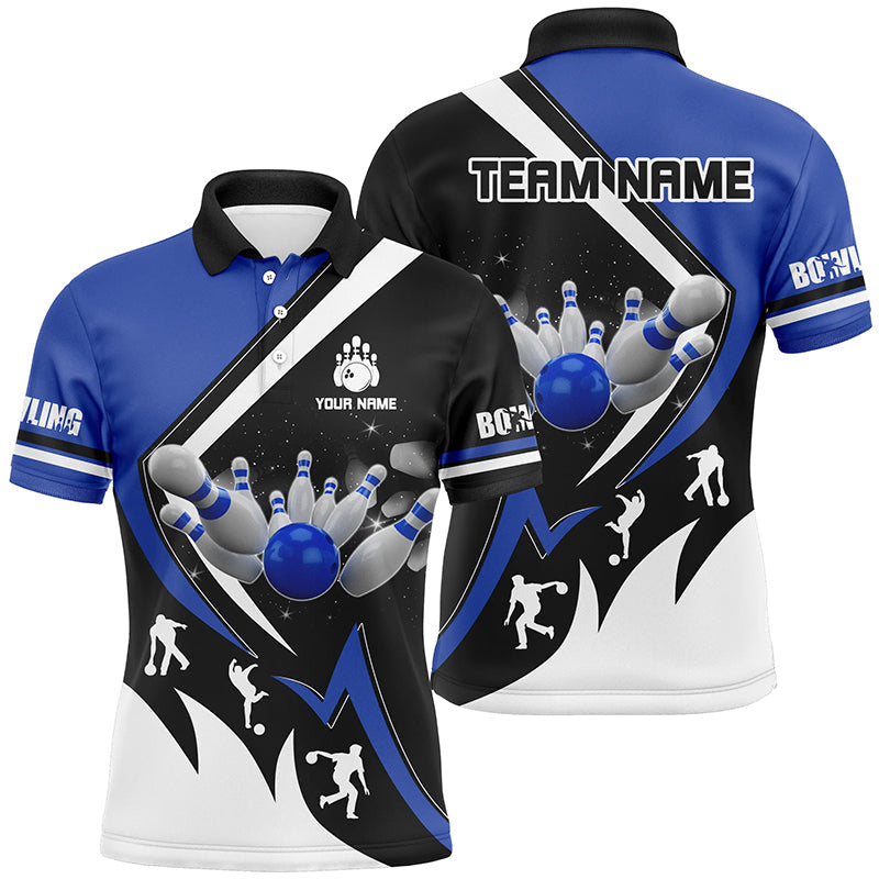 Black, White and Blue Mens Bowling Shirts Custom Bowling Team League Jerseys, Gifts For Bowlers NQS8719