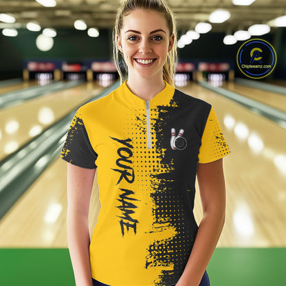 Yellow and Black Bowling Polo, Quarter Zip shirts for Women Custom Bowling Team Jerseys NQS10880