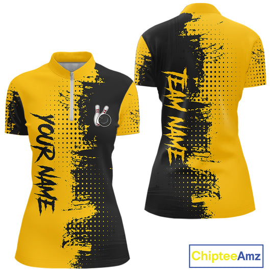 Yellow and Black Bowling Polo, Quarter Zip shirts for Women Custom Bowling Team Jerseys NQS10880