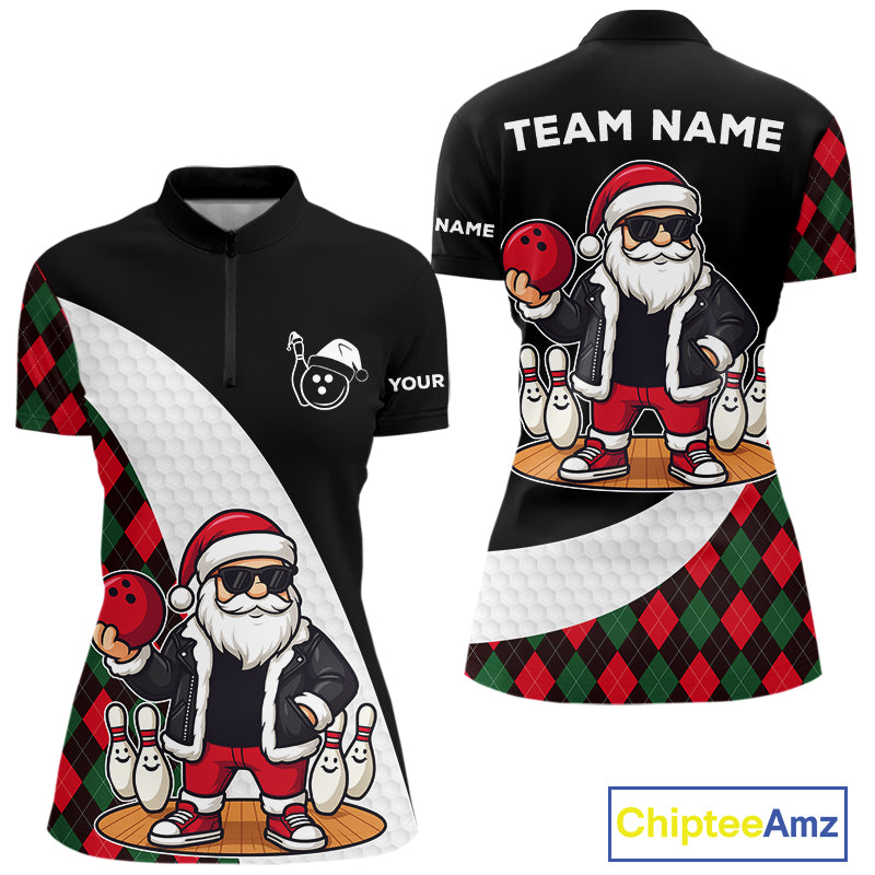 Funny Santa Christmas Bowling Shirts For Women green & red argyle pattern Custom Team Bowling outfit NQS11054