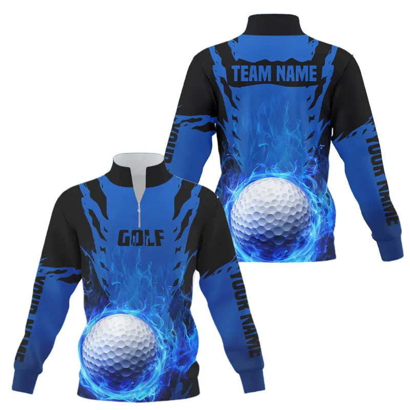 Black and Blue Flame Golf Ball Quarter zip golf sweatshirt custom team mens golf sweater golf gifts NQS9179