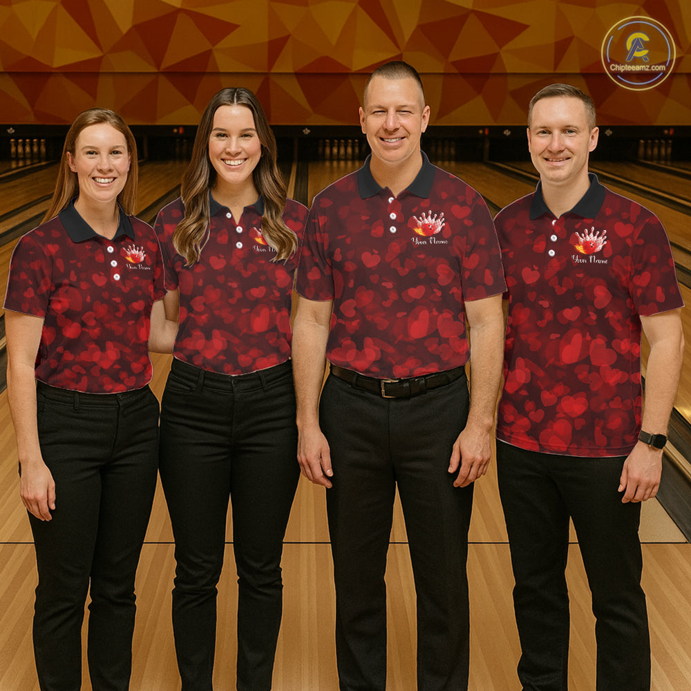 Red Hearts pattern Valentine matching bowling shirts for couples Custom Bowling Couple Outfits NQS11251
