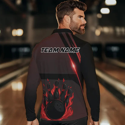 Black And Red Flame Bowling Ball and pins Bowling Shirts For Men Custom Team Bowling Jerseys NQS9387