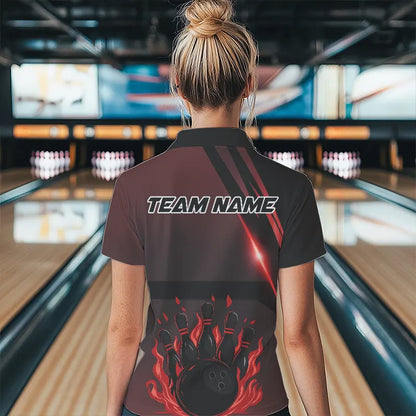 Black And Red Flame Bowling Ball and pins Bowling Shirts For Women Custom Team Bowling Jerseys NQS9387
