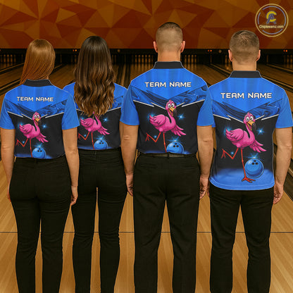 Funny Pink Flamingo Bowling Polo, 1/4 zip shirts for Women Custom Flamingo Team bowling outfit | Blue NQS11653
