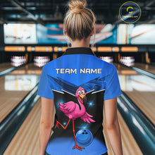Load image into Gallery viewer, Funny Pink Flamingo Bowling Polo, 1/4 zip shirts for Women Custom Flamingo Team bowling outfit | Blue NQS11653