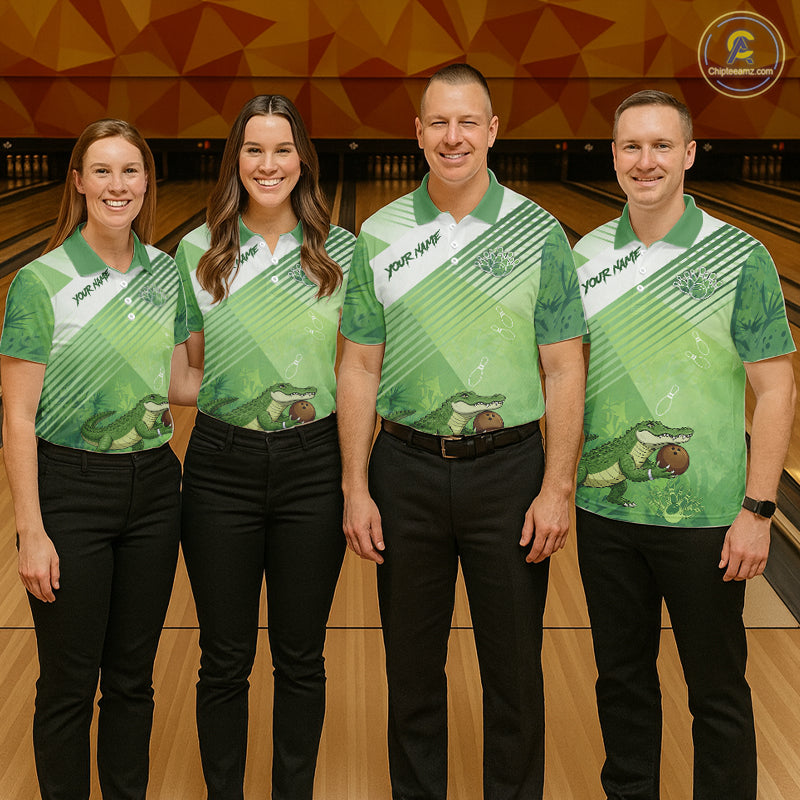 Funny Alligator Bowling Polo, 1/4 Zip Shirts For Men Custom Alligator Bowling Team Jerseys | Green NQS11742