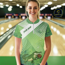 Load image into Gallery viewer, Funny Alligator Bowling Polo, 1/4 Zip Shirts For Women Custom Alligator Bowling Team Jerseys | Green NQS11742