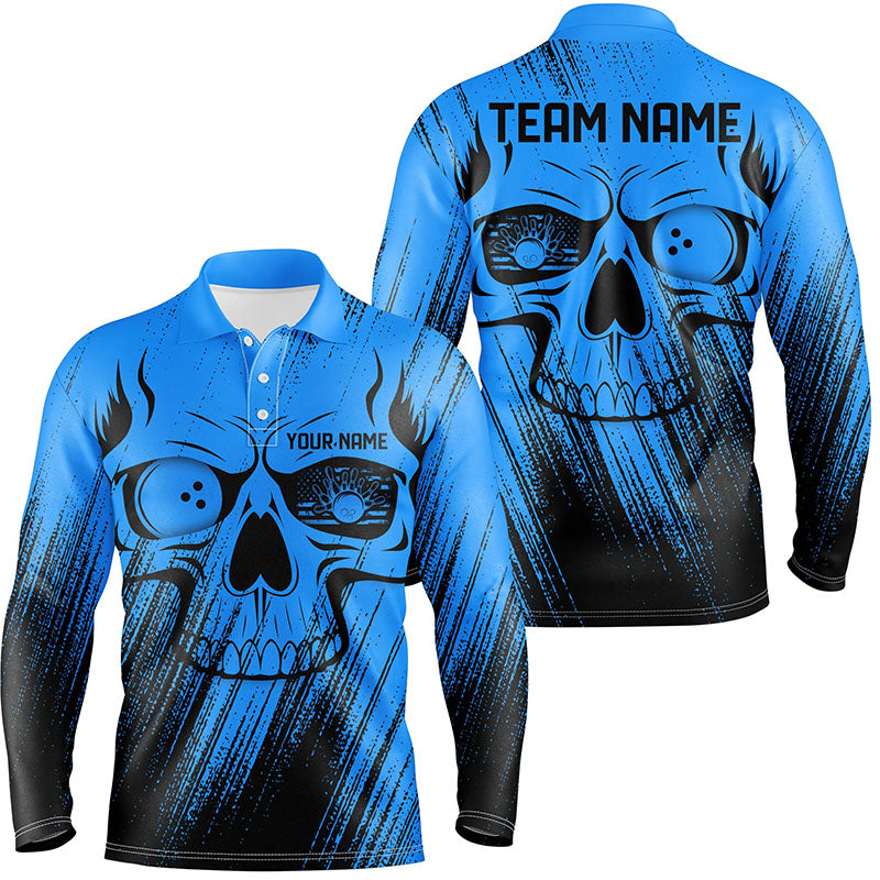 Blue Grunge Skull Bowling Polo, Quarter Zip Shirt Shirts For Men Custom Bowling Team League Jerseys NQS8478