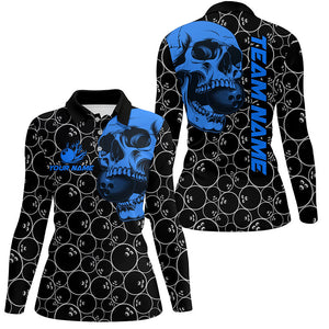 Black Bowling camo blue Skull bowling shirts for women custom bowling team jerseys, gifts for bowlers NQS8725