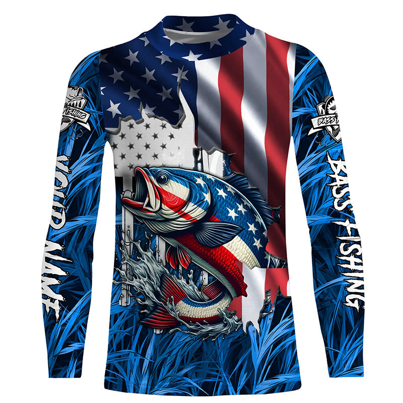 American flag patriot Largemouth Bass blue camo fishing, custom mens long sleeve sun protection shirts NQS4361