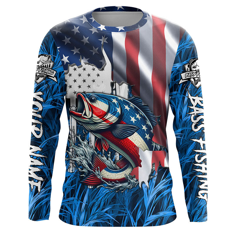 American flag patriot Largemouth Bass blue camo fishing, custom mens long sleeve sun protection shirts NQS4361