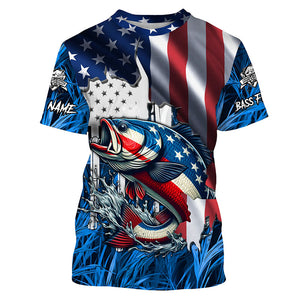 American flag patriot Largemouth Bass blue camo fishing, custom mens long sleeve sun protection shirts NQS4361