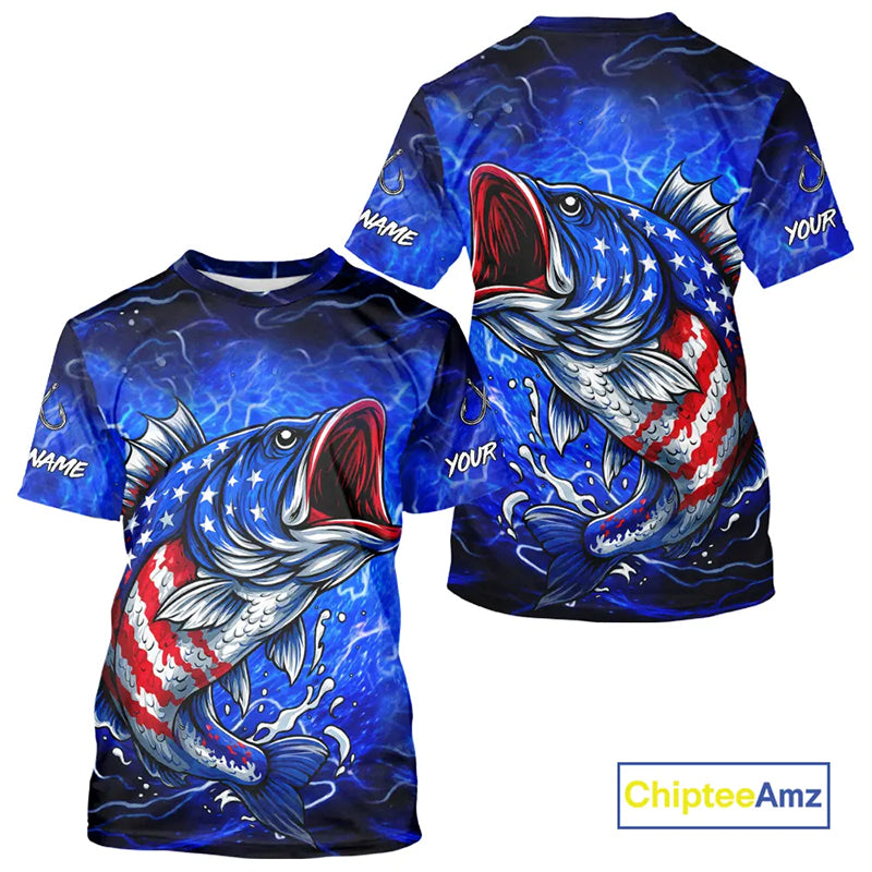 American Flag Largemouth Bass Fishing Custom patriotic Bass performance fishing apparel | Blue NQS11060