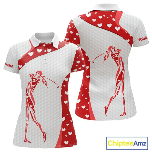 Personalized Red Hearts pattern golf white Womens golf polo shirts custom name Valentine golf gifts NQS11259