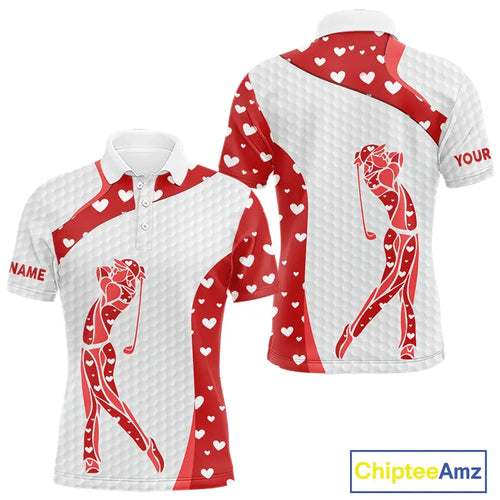 Personalized Red Hearts pattern matching golf polo shirts for couples custom Valentine golf gifts NQS11259
