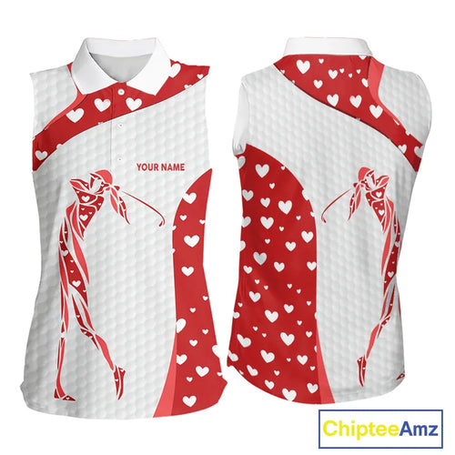 Personalized Red Hearts pattern golf white Sleeveless Golf Polo Shirt custom Valentine golf gifts NQS11259