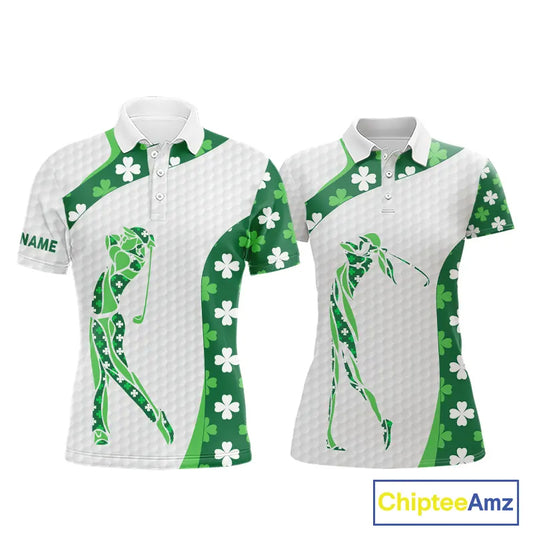 Personalized Green shamrock matching golf polo shirts for couples custom St Patrick's Day golf gifts NQS11260