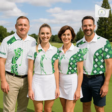Load image into Gallery viewer, Personalized Green shamrock matching golf polo shirts for couples custom St Patrick's Day golf gifts NQS11260