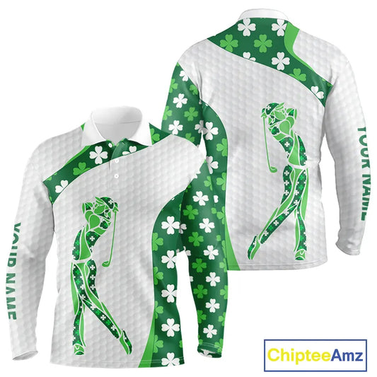 Personalized Green shamrock pattern golf white Mens golf polo shirt custom St Patrick's Day golf gift NQS11260