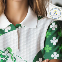 Load image into Gallery viewer, Personalized Green shamrock pattern golf white Women golf polo shirt custom St Patrick Day golf gift NQS11260