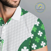 Load image into Gallery viewer, Personalized Green shamrock pattern golf white Mens golf polo shirt custom St Patrick's Day golf gift NQS11260