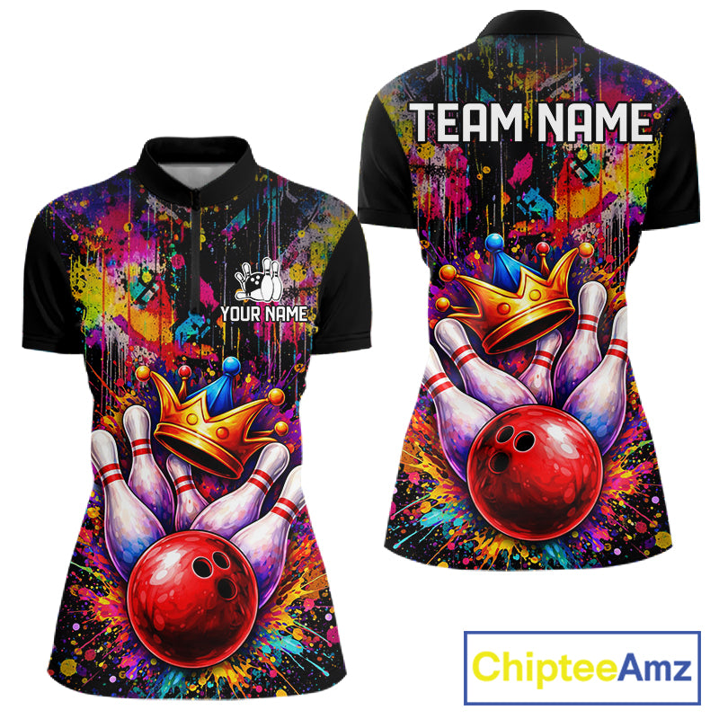 Colorful bowling jerseys Bowling Polo, 1/4 Zip Shirt for Women Custom Bowling Team shirts for bowlers NQS11473