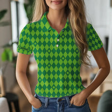 Load image into Gallery viewer, Personalized Green argyle pattern Women golf polo shirts Custom St Patrick day golf tops for women NQS9545