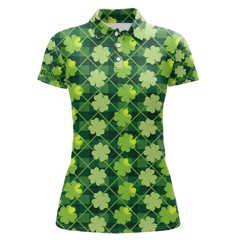 Personalized Green argyle shamrock pattern Women golf polo shirt Custom St Patrick day women golf tops NQS9546