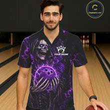 Load image into Gallery viewer, Personalized Skull Bowling Hawaiian Shirt Custom Team's Name Black and Purple Flame Bowler Jerseys NQS11659