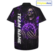 Load image into Gallery viewer, Personalized Skull Bowling Hawaiian Shirt Custom Team's Name Black and Purple Flame Bowler Jerseys NQS11659