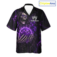 Load image into Gallery viewer, Personalized Skull Bowling Hawaiian Shirt Custom Team's Name Black and Purple Flame Bowler Jerseys NQS11659