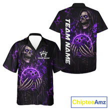 Load image into Gallery viewer, Personalized Skull Bowling Hawaiian Shirt Custom Team's Name Black and Purple Flame Bowler Jerseys NQS11659