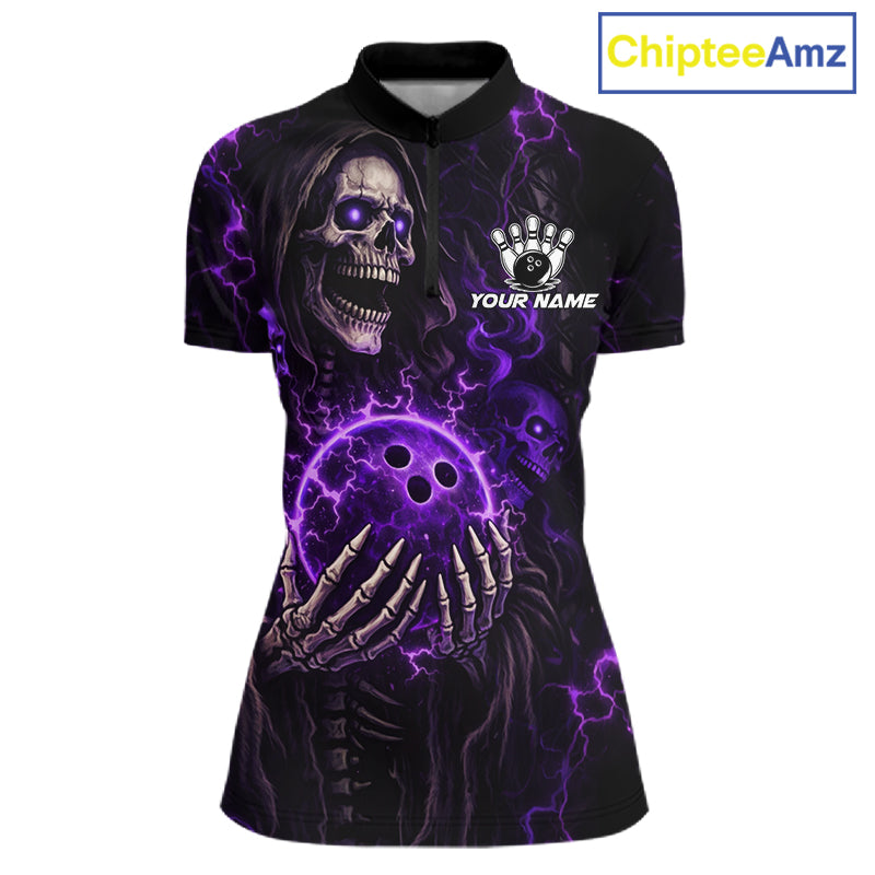 Personalized Skull Bowling Shirt For Women Custom Team's Name Black and Purple Flame Bowler Jerseys NQS11659