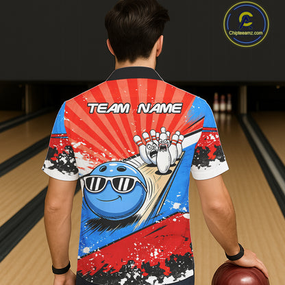 Funny Bowling Boom Strike Bowling Hawaiian Shirt Custom Red, White & Blue retro Team Bowling Jerseys NQS11661