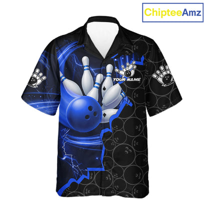 Black and Blue Camo Bowling Hawaiian Shirt Custom Bowling Team Jersey, Bowler Outfit NQS11750