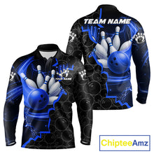 Load image into Gallery viewer, Black and Blue Camo Bowling Polo, 1/4 Zip Shirts For Men Custom Bowling Team Jersey, Bowler Outfit NQS11750