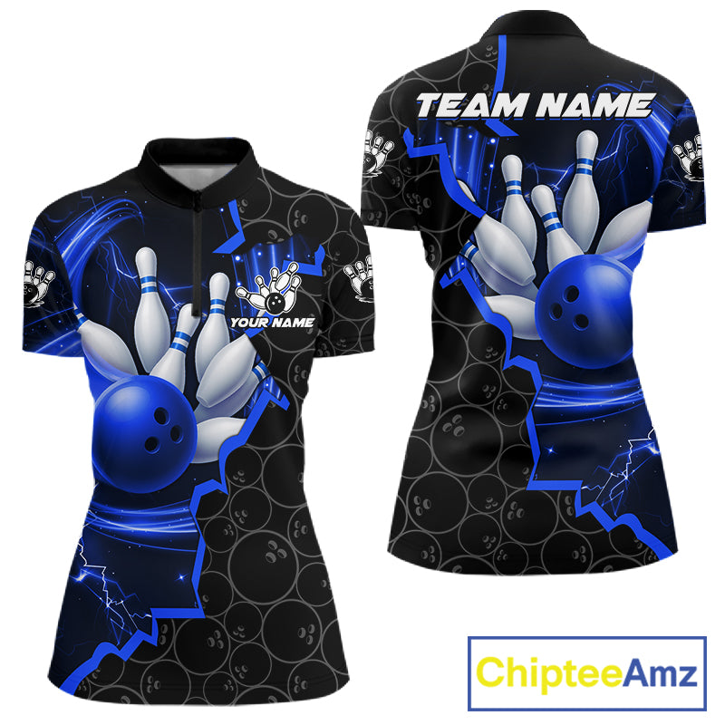 Black and Blue Camo Bowling Polo, 1/4 Zip Shirts For Women Custom Bowling Team Jersey, Bowler Outfit NQS11750