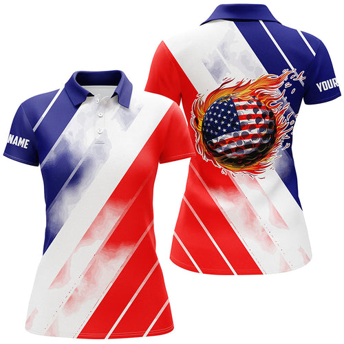 Womens golf polo shirt custom red white and blue American flag golf ball fire, patriotic golf gifts NQS7841