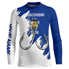 Load image into Gallery viewer, Wisconsin flag WI Fishing Fish Hook UV protection custom long sleeve Patriotic fishing apparel NQS8273