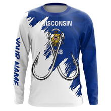 Load image into Gallery viewer, Wisconsin flag WI Fishing Fish Hook UV protection custom long sleeve Patriotic fishing apparel NQS8273