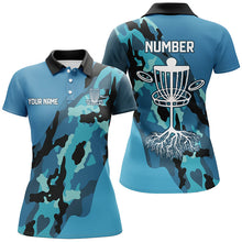 Load image into Gallery viewer, Blue Camo Women Golf Polo Shirt custom name and number disc golf team jerseys, disc golf shirts NQS8491