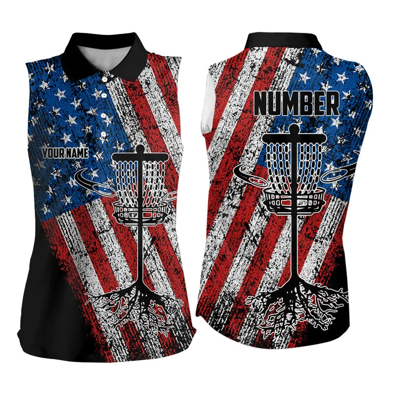 Vintage American Flag Womens sleeveless polo shirt custom name and number patriotic disc golf apparel NQS9200