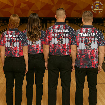 Red, White & Blue American Flag Skull Bowling shirts For Men Custom patriotic Team Bowling Jersey NQS11275
