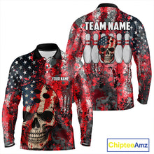 Load image into Gallery viewer, Red, White &amp; Blue American Flag Skull Bowling shirts For Men Custom patriotic Team Bowling Jersey NQS11275