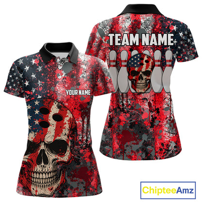 Red, White & Blue American Flag Skull Bowling shirts For Women Custom patriotic Team Bowling Jersey NQS11275
